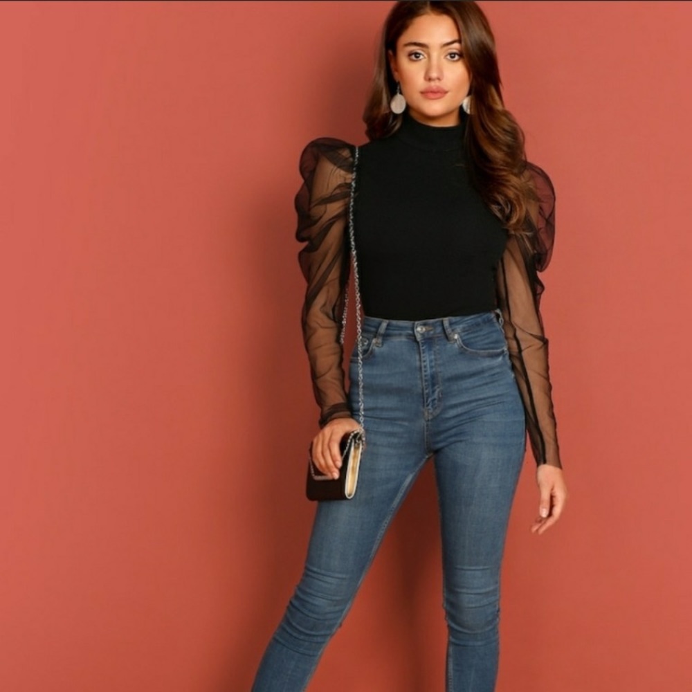 Black Organza mesh puff sleeve top - Picture 2 of 2